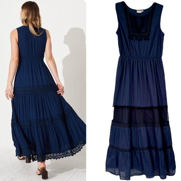 eshakti Dresses & Skirts - Elegant Maxi Dress Sleeveless Navy Blue Black Pom Lace Embroidered Size Large